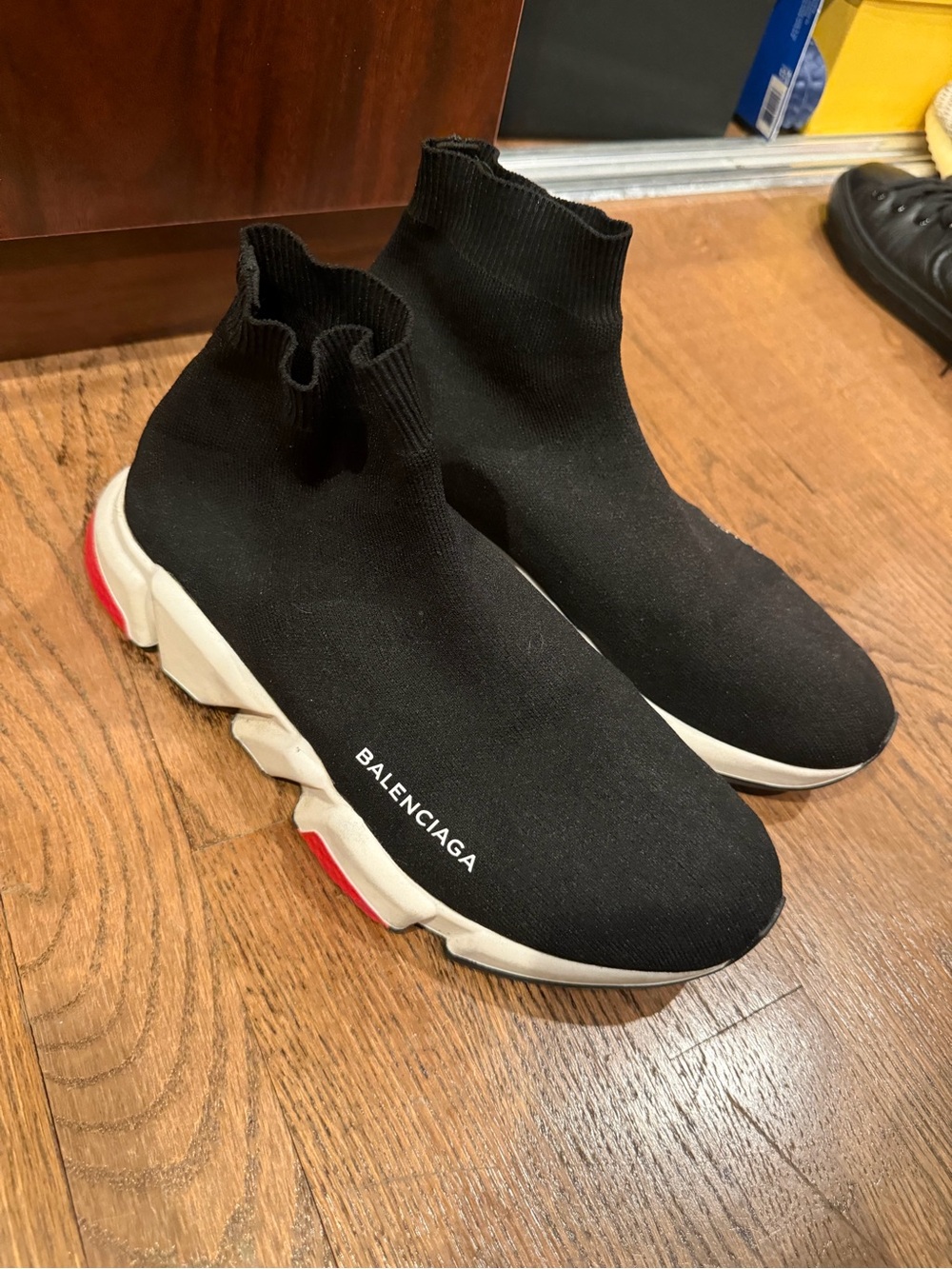 Balenciaga Speed Trainer Black Knit Sock Sneakers Red Sole